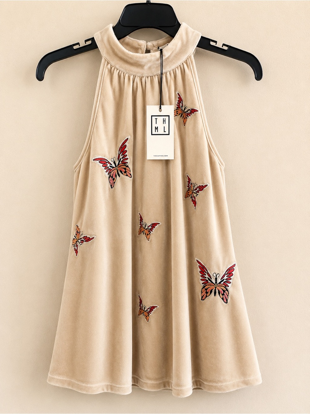 THML Beige Velvet Halter Tank with Red & Orange Butterfly Embroidery